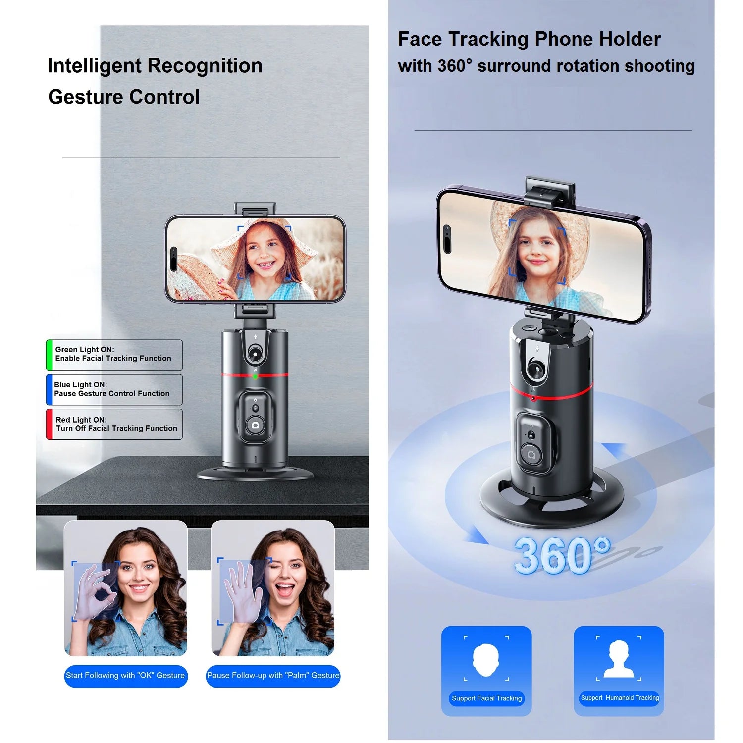 Auto Tracking Phone Holder Auto Face Tracking Tripod 360° Rotation, Smart AI