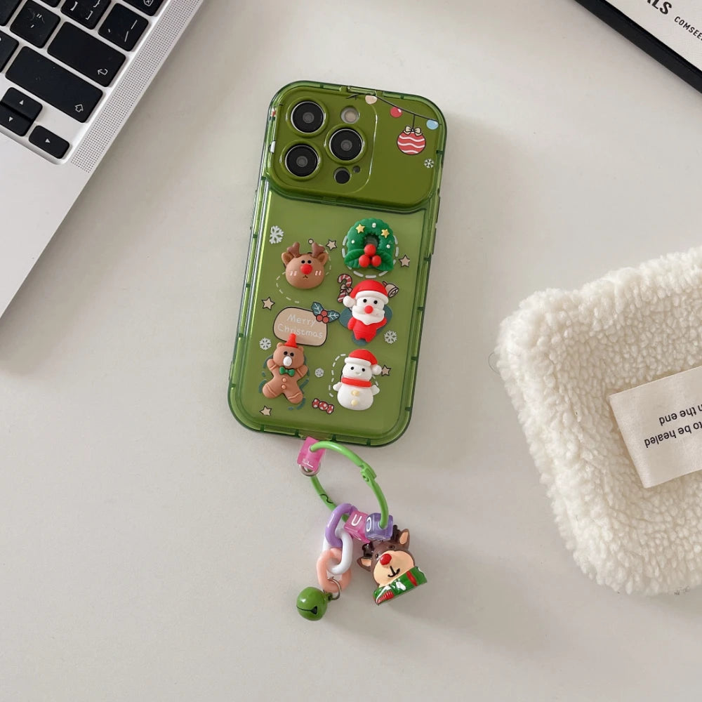 3D Christmas Stand Holder With Bell Pendant Phone Case For iPhone 17 16 15 14 13 12 11 Pro Max Plus Santa Claus Keychain Cover