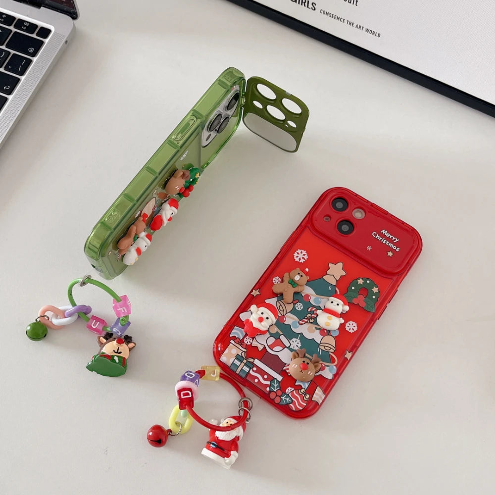 3D Christmas Stand Holder With Bell Pendant Phone Case For iPhone 17 16 15 14 13 12 11 Pro Max Plus Santa Claus Keychain Cover