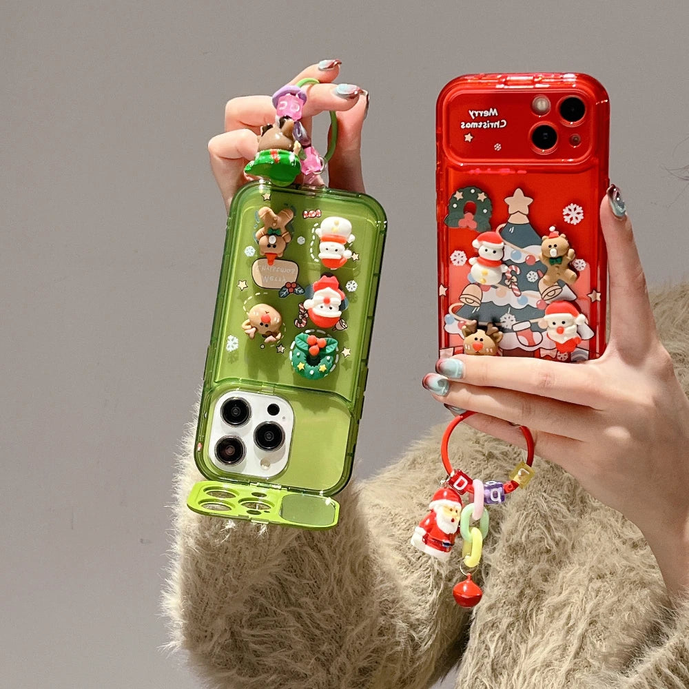3D Christmas Stand Holder With Bell Pendant Phone Case For iPhone 17 16 15 14 13 12 11 Pro Max Plus Santa Claus Keychain Cover
