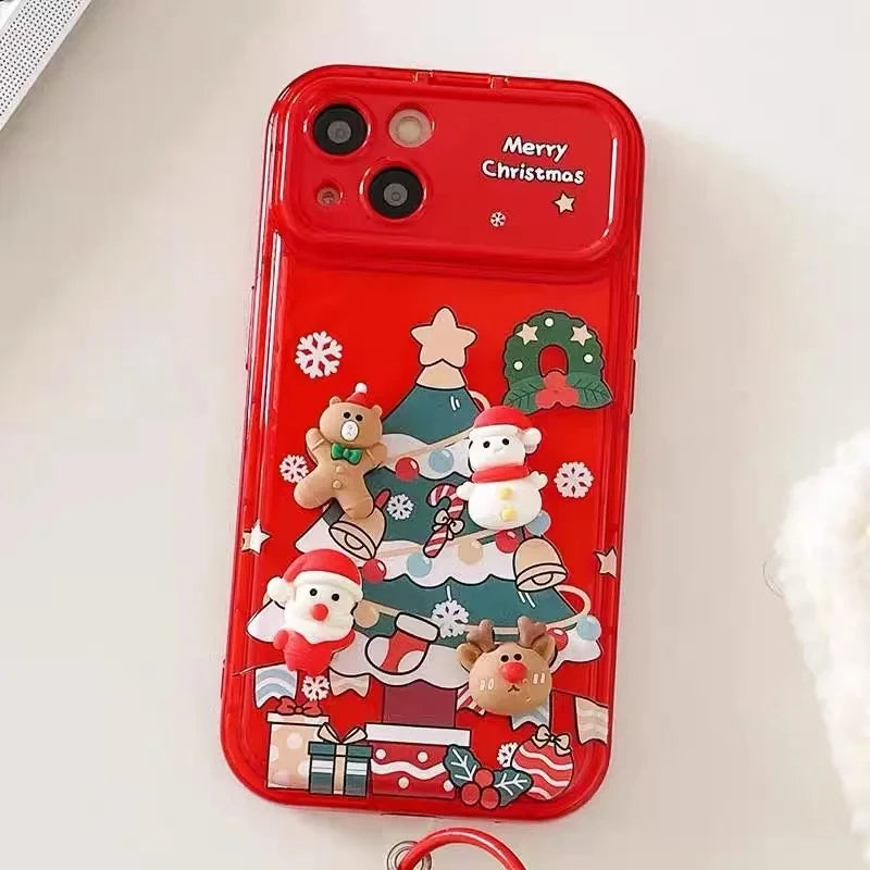 3D Christmas Stand Holder With Bell Pendant Phone Case For iPhone 17 16 15 14 13 12 11 Pro Max Plus Santa Claus Keychain Cover