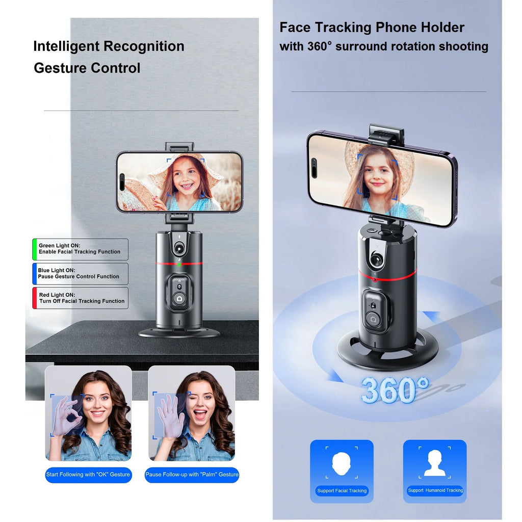 Auto Tracking Phone Holder Auto Face Tracking Tripod 360° Rotation, Smart AI