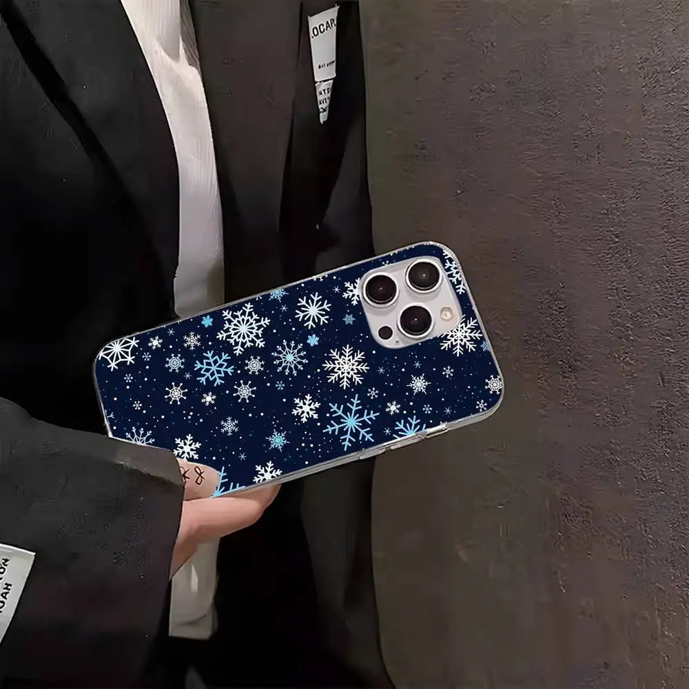 Christmas Snowflake Pattern Phone Case For iPhone 16 15 14 13 12 17 Pro Max Plus Multicolor Matte Silver-Plated Protective