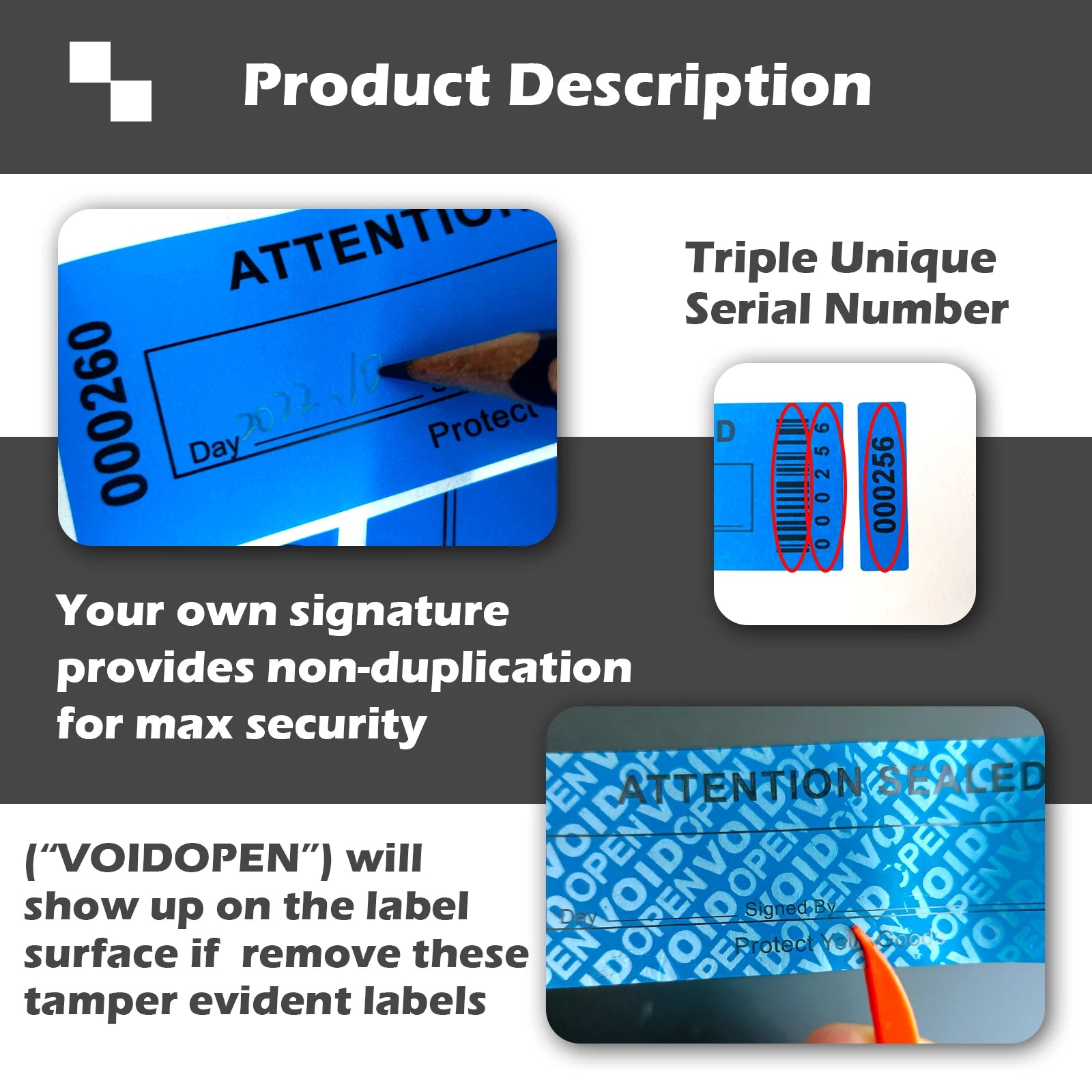 Tamper Proof Security Warranty Labels/ Stickers/ Seals for Reusable Package or Expensive Surface with Serial Numbers by Quickfindgoods