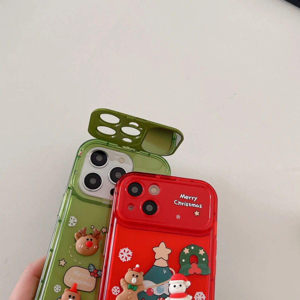 3D Christmas Stand Holder With Bell Pendant Phone Case For iPhone 17 16 15 14 13 12 11 Pro Max Plus Santa Claus Keychain Cover