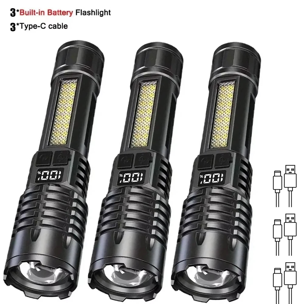 High Power LED Flashlight Powerful TYPE-C Rechargeable COB Flashlight With Side Light Torch For Outdoor Camping Hiking by Quickfindgoods