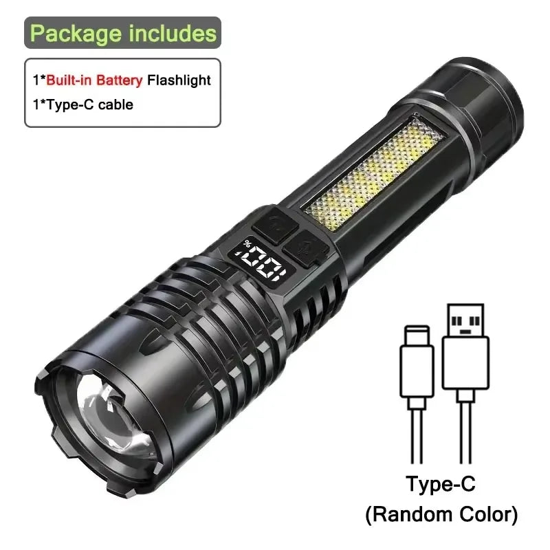 High Power LED Flashlight Powerful TYPE-C Rechargeable COB Flashlight With Side Light Torch For Outdoor Camping Hiking by Quickfindgoods