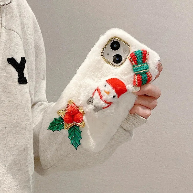 Plush Christmas Snowman Phone Cases Cute  IPhone 16 12 13 14 15Pro XR X Xs Max Mini 7 8 Case 3D Furry Bunny Fur Back Cover Funda