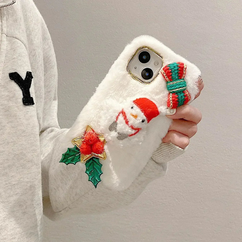 Plush Christmas Snowman Phone Cases Cute  IPhone 16 12 13 14 15Pro XR X Xs Max Mini 7 8 Case 3D Furry Bunny Fur Back Cover Funda