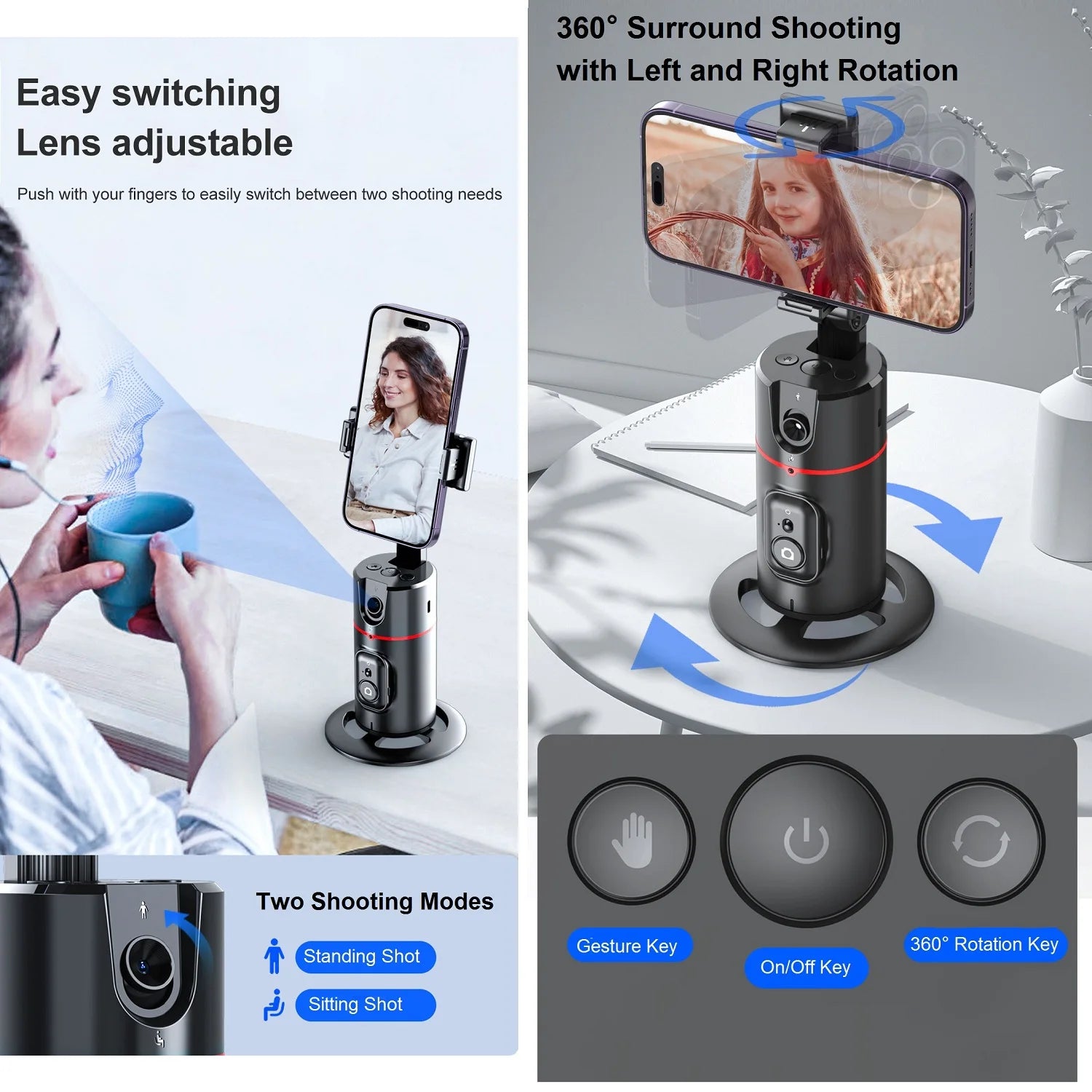 Auto Tracking Phone Holder Auto Face Tracking Tripod 360° Rotation, Smart AI